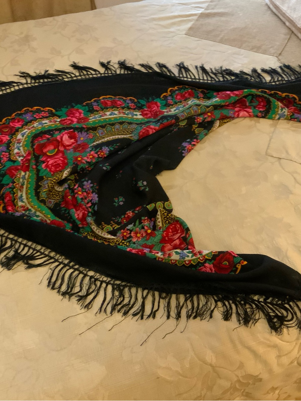 Vintage Japanese Wool Folk Scarf Floral Babushka Shawl Fringe Black 51x51